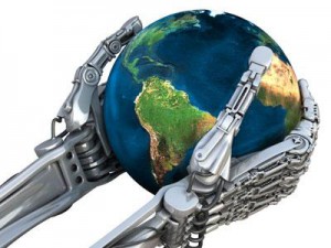 Manos robóticas 3D sosteniendo el mundo